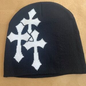 Black Beanie knitted beanie featuring distinctive triple crucifix cross graphic
